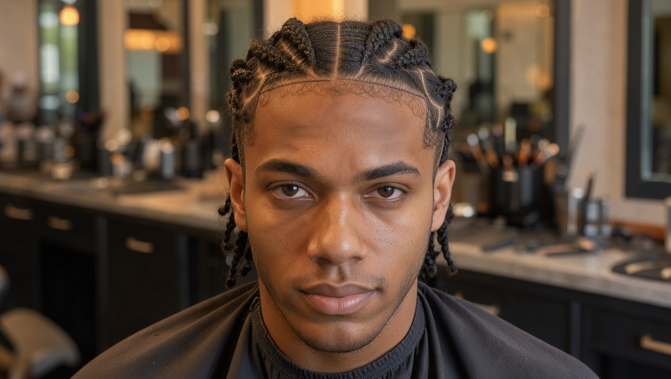 Jeune homme noir portant des tresses africaines soigneusement adaptées à la texture et à la longueur de ses cheveux.